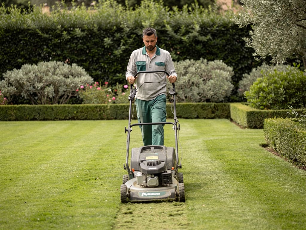 Giardiniere al lavoro su un prato curato a Bari